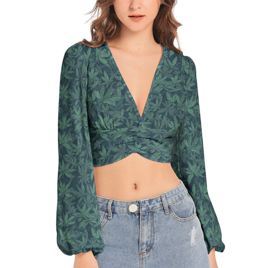 Canna Get Some Women's Deep V-Neck Lantern Sleeve Crop Top - The Pluck - Curated Apparel